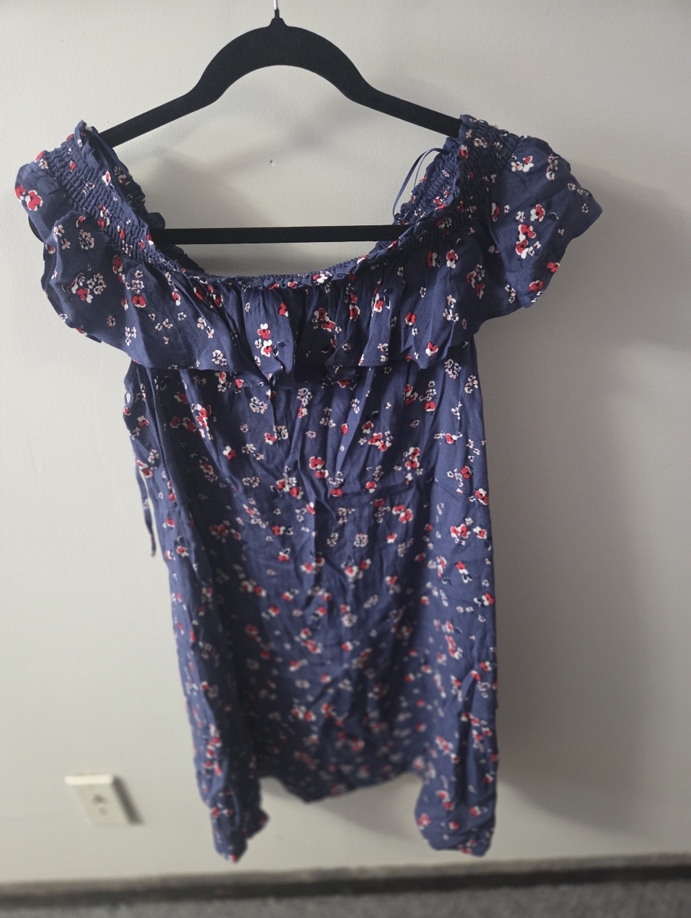 Express Navy Off-Shoulder Floral Tunic with Red & White Accents